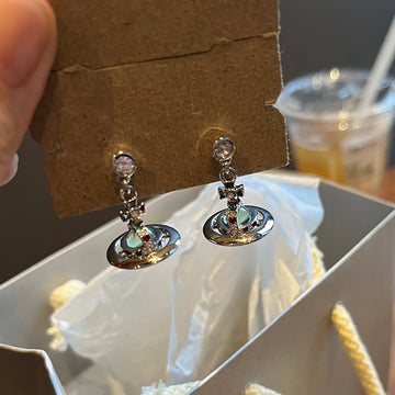 Queen Mother of the West Classic White Ball Flyer Earrings Mint Green Orb Colored Diamond Three-dimensional Saturn Planet Stud Earrings