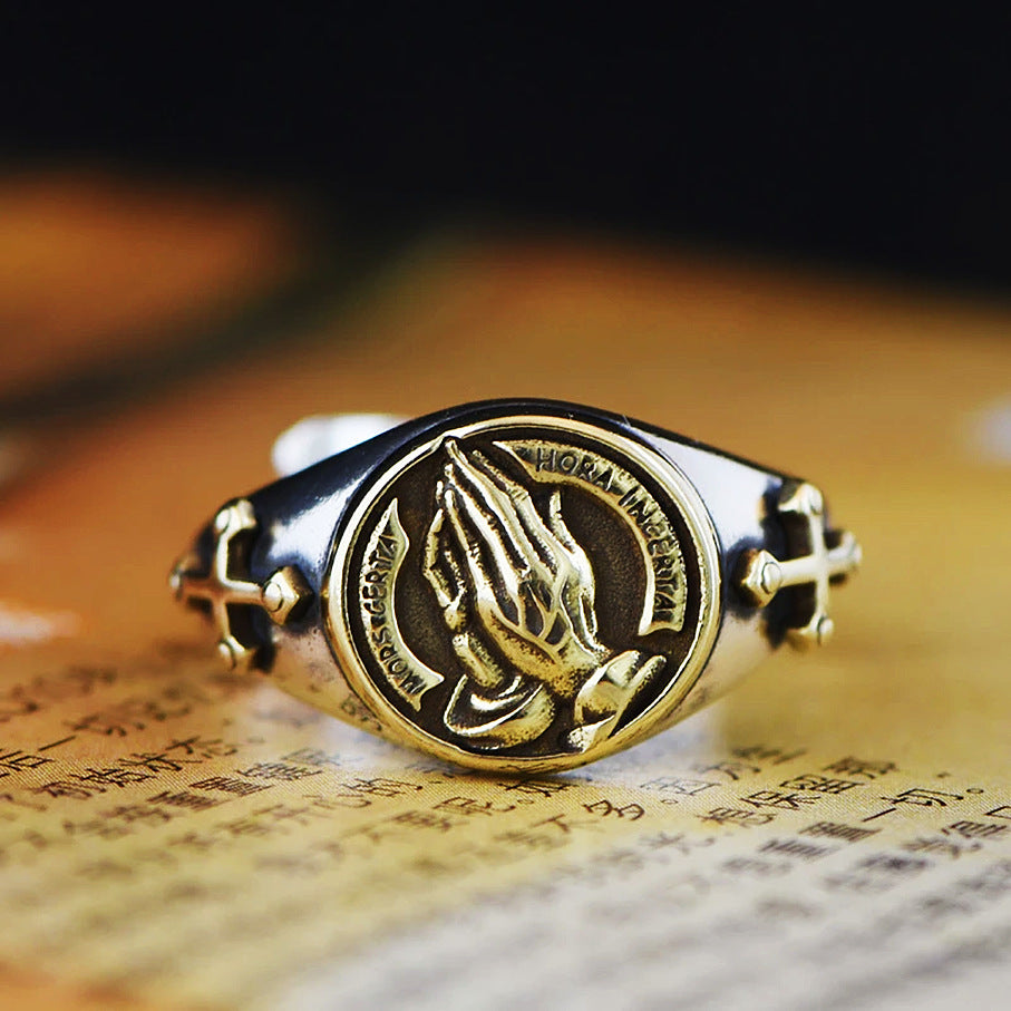 Prayer Hand Ring Men's Retro  Personality Punk Wind Cross Single Ring Men's and Women's Open Ring Wholesale
