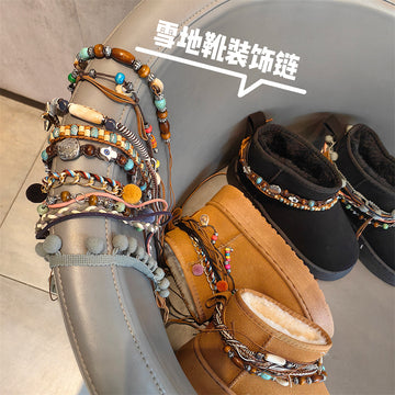 Winter new niche Maillard ethnic style fringed snow boots decorative chain shoe flower beaded high-end shoe chain