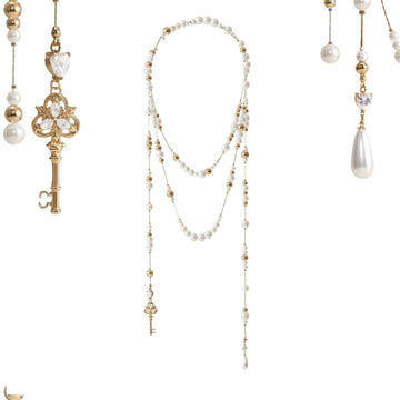 Retro key water drop broken pearl long stacked necklace