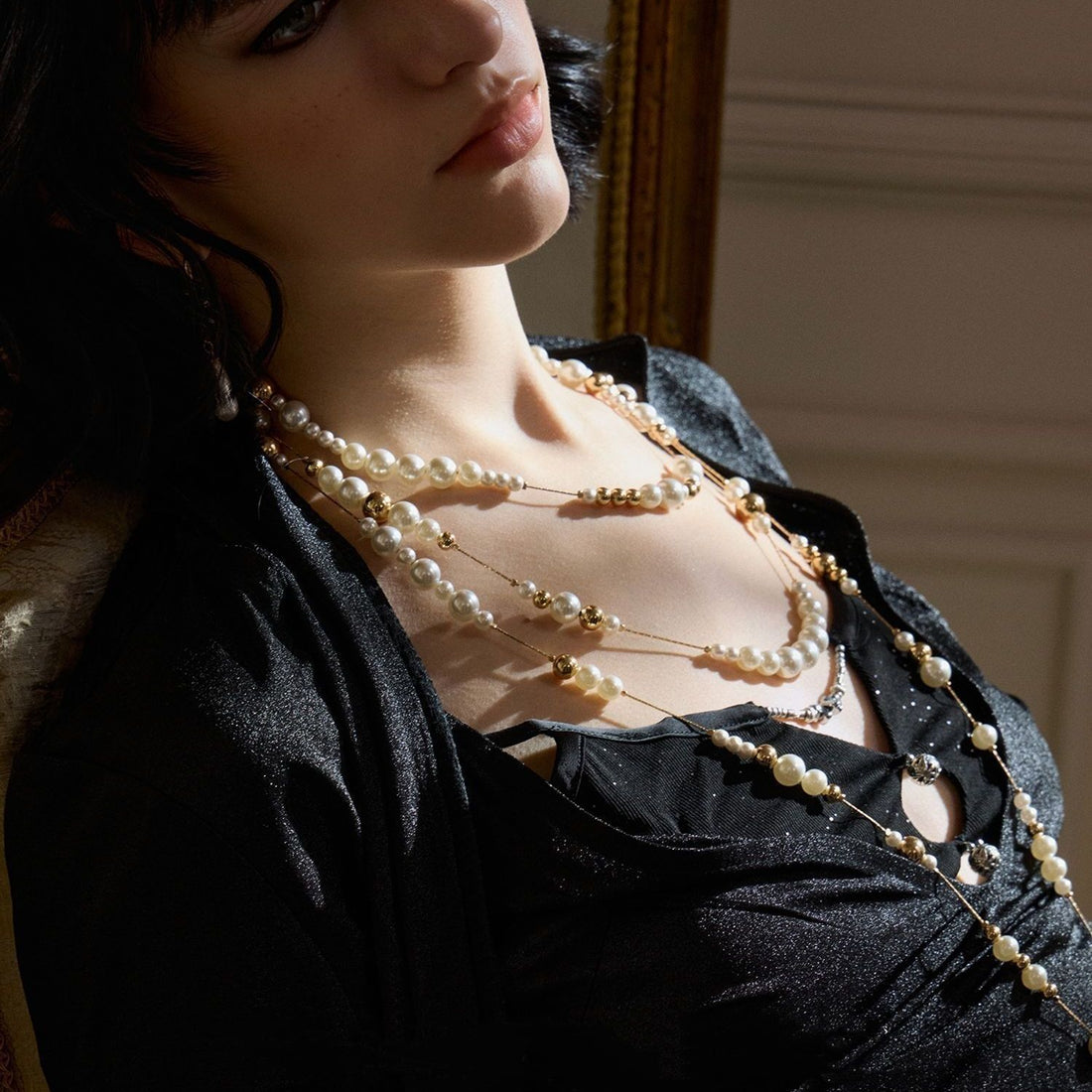 Retro key water drop broken pearl long stacked necklace