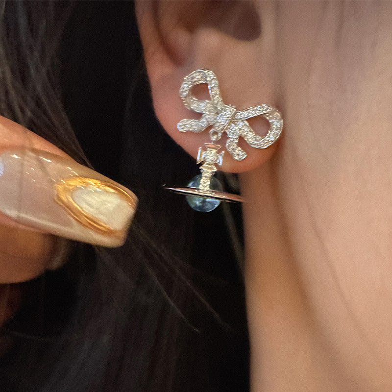 Queen Mother of the West orb bow planet stud earrings girl sweet cool earrings 925 silver gold powder silver purple