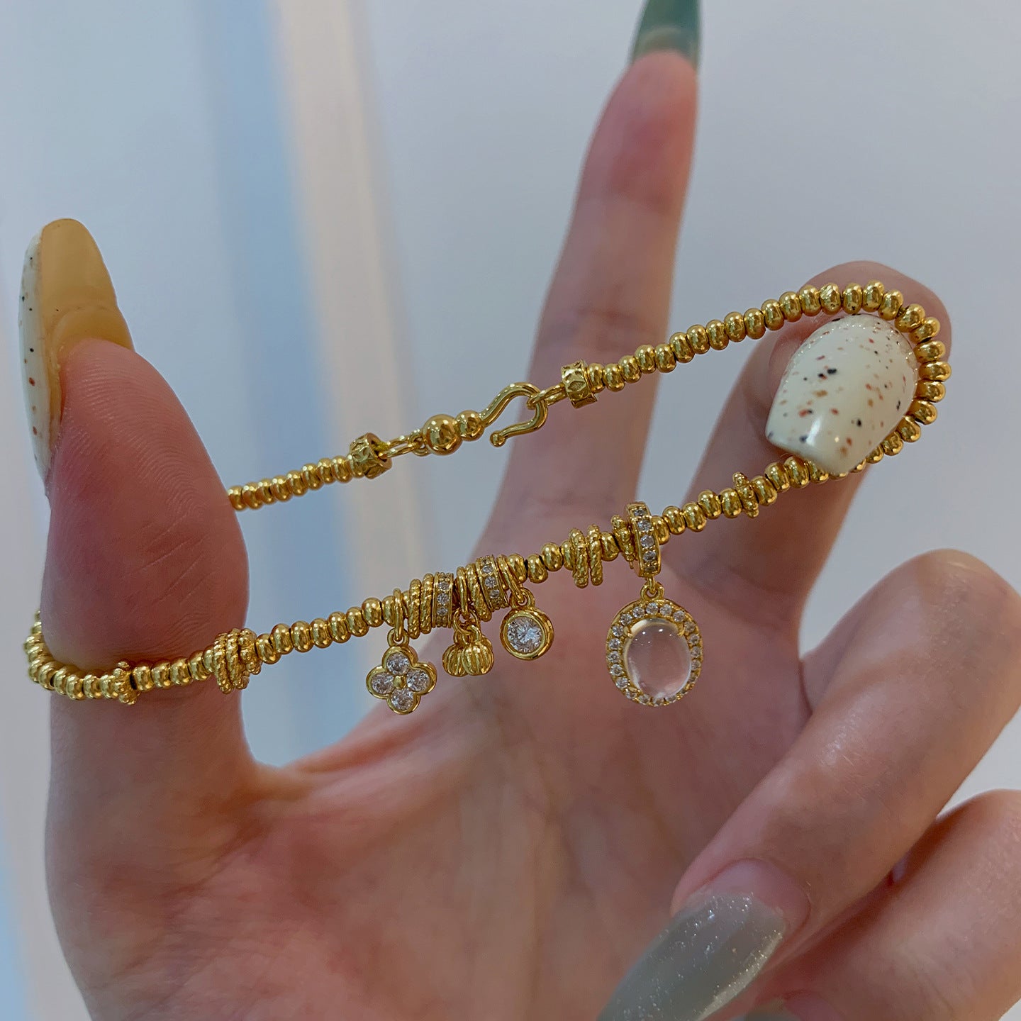 Live broadcast explosive 925 silver water foam jade disc wrap bracelet new Chinese full diamond four-leaf clover running ring bracelet gold replacement