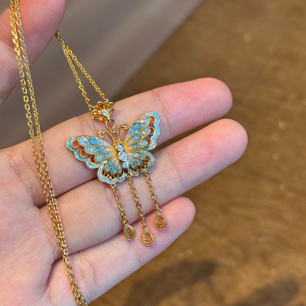 Live broadcast explosive new Chinese ancient method burning blue butterfly tassel necklace three-dimensional dream butterfly pendant gold replacement