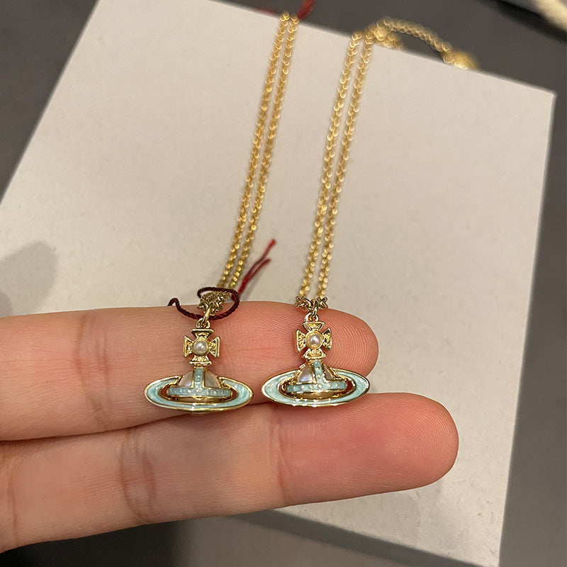 Queen Mother of the West enamel Saturn chain necklace blue enamel flat gilt planet clavicle chain stacked