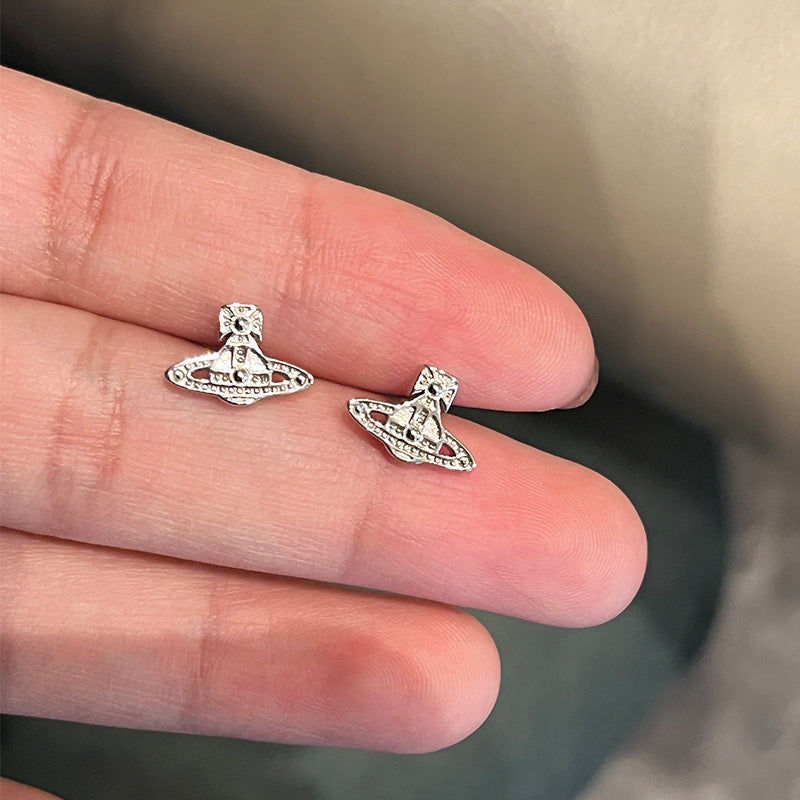 Queen Mother West OSLO Embossed Mini Saturn Stud Earrings 925 Sterling Silver Mini Flat Small Saturn Earrings