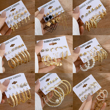 Europe and the United States hot-selling metal geometric C-shaped earrings French 6-piece set winding pearl earrings creative gold ear jewelry women