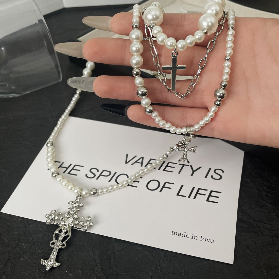 Popular cross stacked pearl beaded necklace female niche high sense Spice girl collarbone chain jewelry