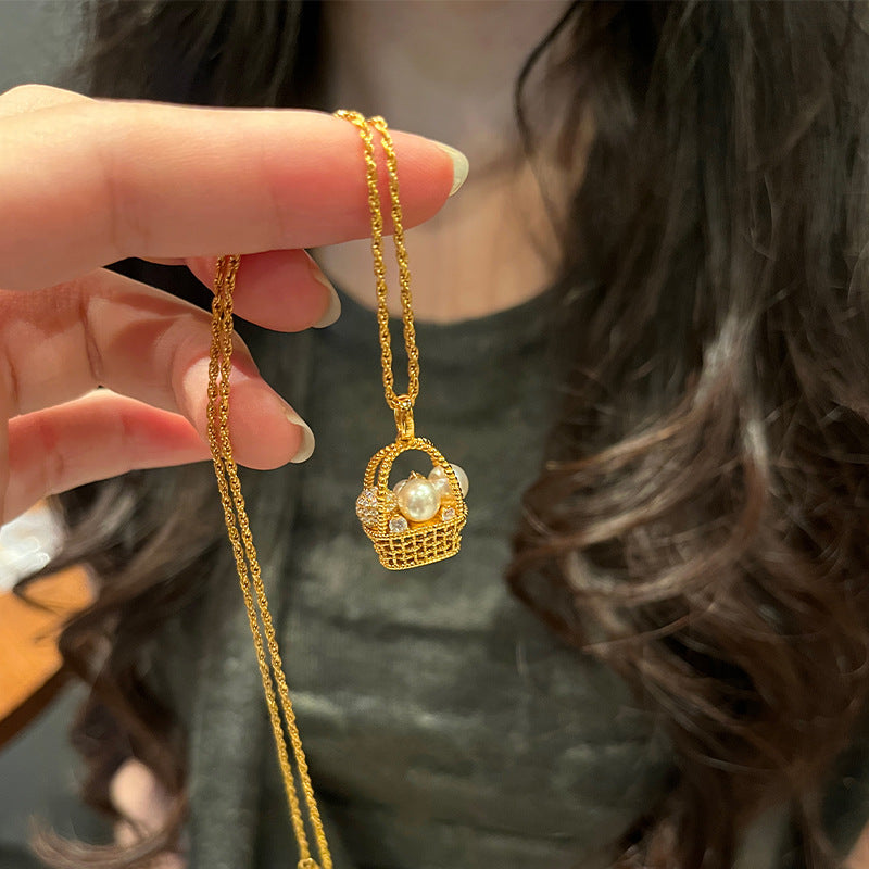 Live broadcast explosive silver basket necklace three-dimensional woven basket pearl inlaid diamond pendant Seiko versatile necklace