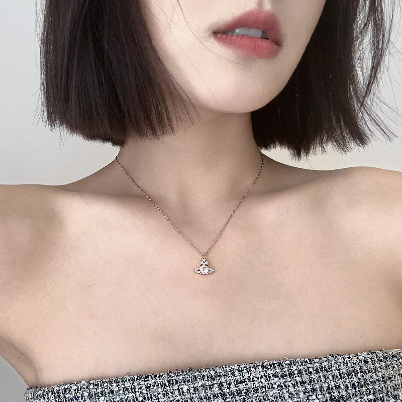 The new Queen Mother of the West single diamond full diamond small Saturn necklace round diamond planet collarbone chain women's model can be stacked