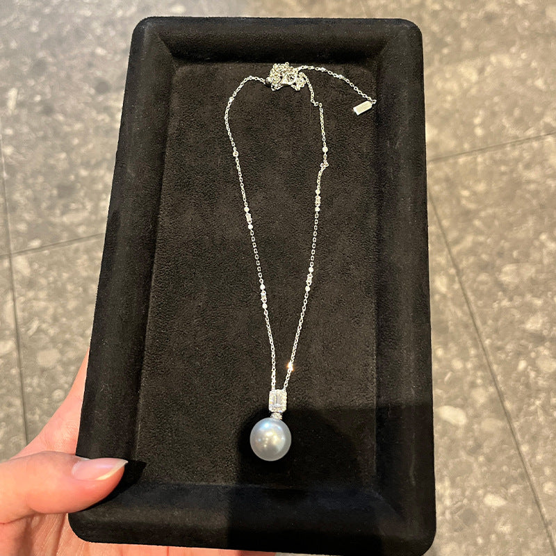 Live broadcast hit sterling silver 14mm Australian white flat single pearl necklace full diamond sugar cube rock candy heart pendant clavicle chain