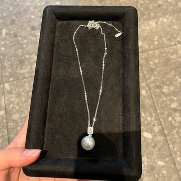 Live broadcast hit sterling silver 14mm Australian white flat single pearl necklace full diamond sugar cube rock candy heart pendant clavicle chain