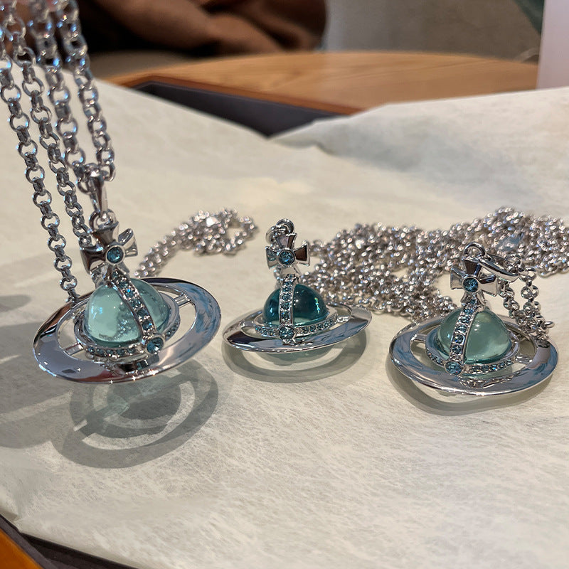 Queen Mother West Large Glacier Blue Flyer orb necklace three-dimensional Saturn planet pendant colored diamond sweater chain long chain