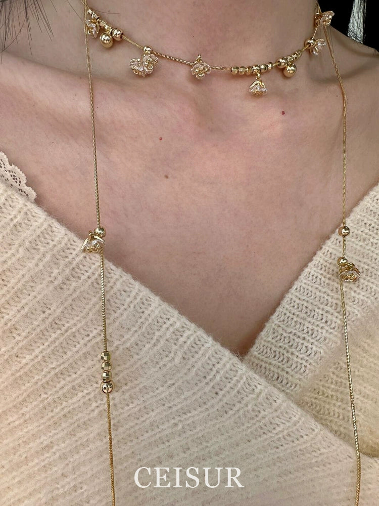 [Blooming lily of the valley] flower rhinestone, crushed ice, ice steel beads, necklace, niche design, long style, a variety of ways to wear a necklace