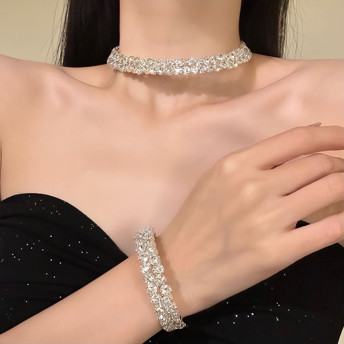 Light luxury high-end celebrity daughter temperament flash necklace exquisite evening dress set accessories necklace earrings bracelet