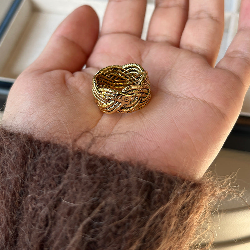 French niche design AB ring, retro wheat ear weaving ring, vintage style, European and American personality accessories ring