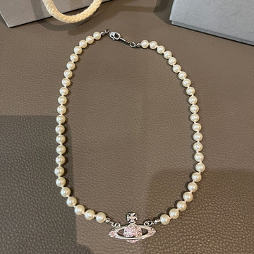 Queen Mother West Pink Diamond Saturn Pearl Necklace Pink Planet Pendant Women's Clavicle Chain Can Be Stacked and Versatile