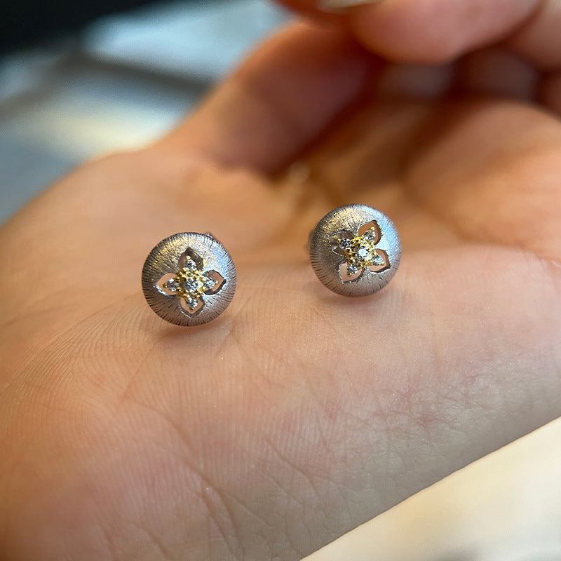 Live broadcast hit Italian brushed technology, sterling silver 18K gold, delicate adzuki bean earrings, four-leaf clover hollow earrings