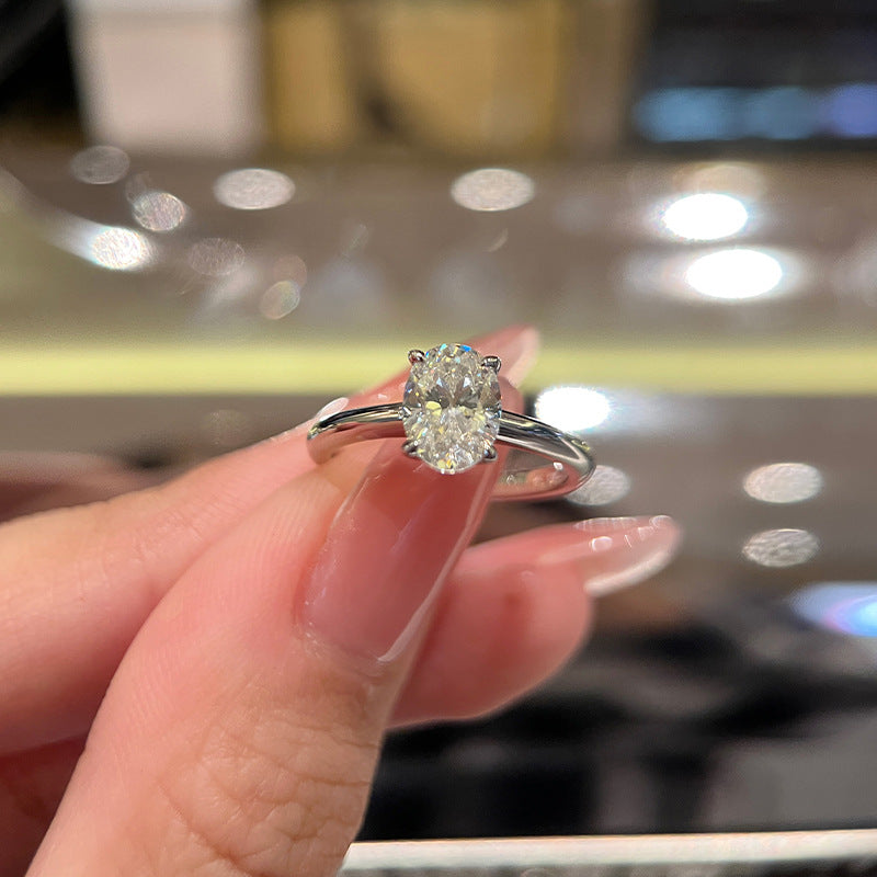 Live broadcast hit straight arm simple oval diamond ring S925 sterling silver jewelry flat imitation diamond ring index finger ring