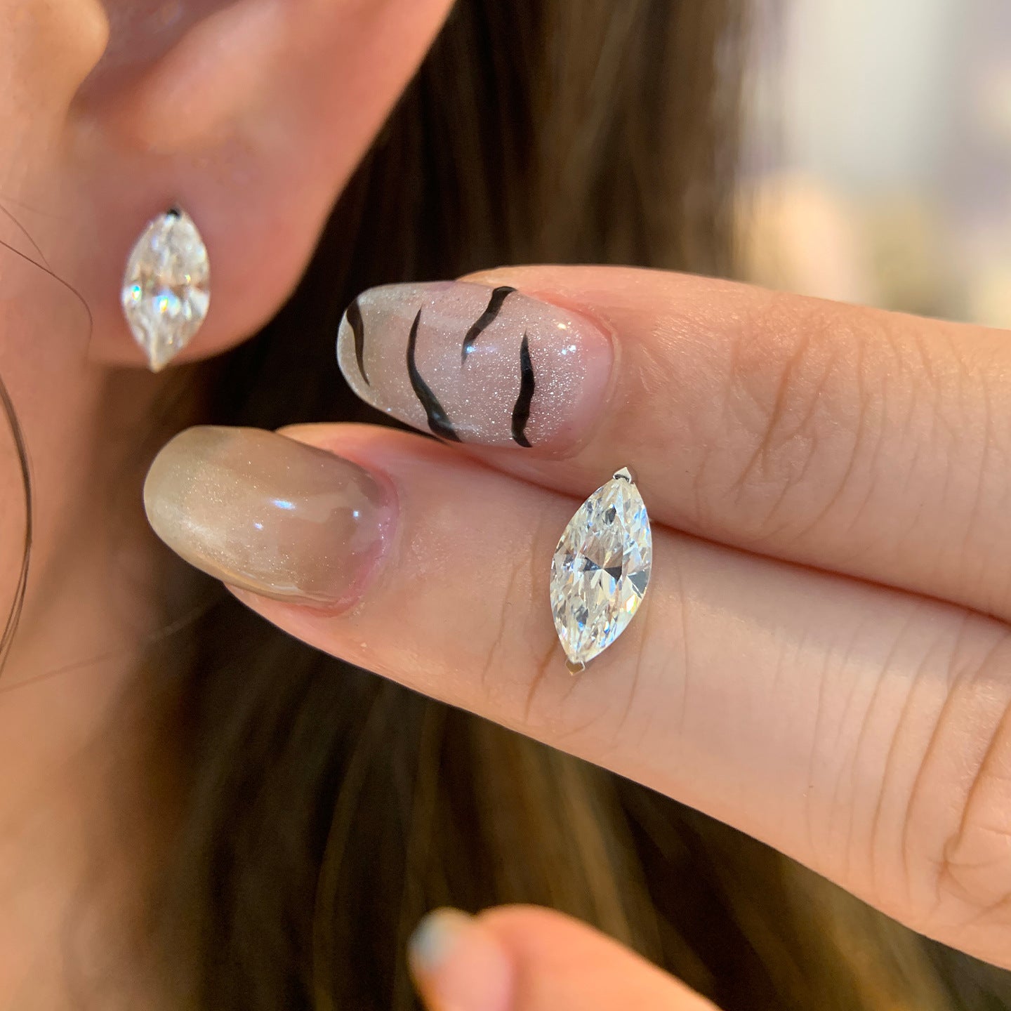 925 silver burst flash marquise diamond earrings, exquisite single diamond ear studs, versatile commuter earrings, live broadcast hits