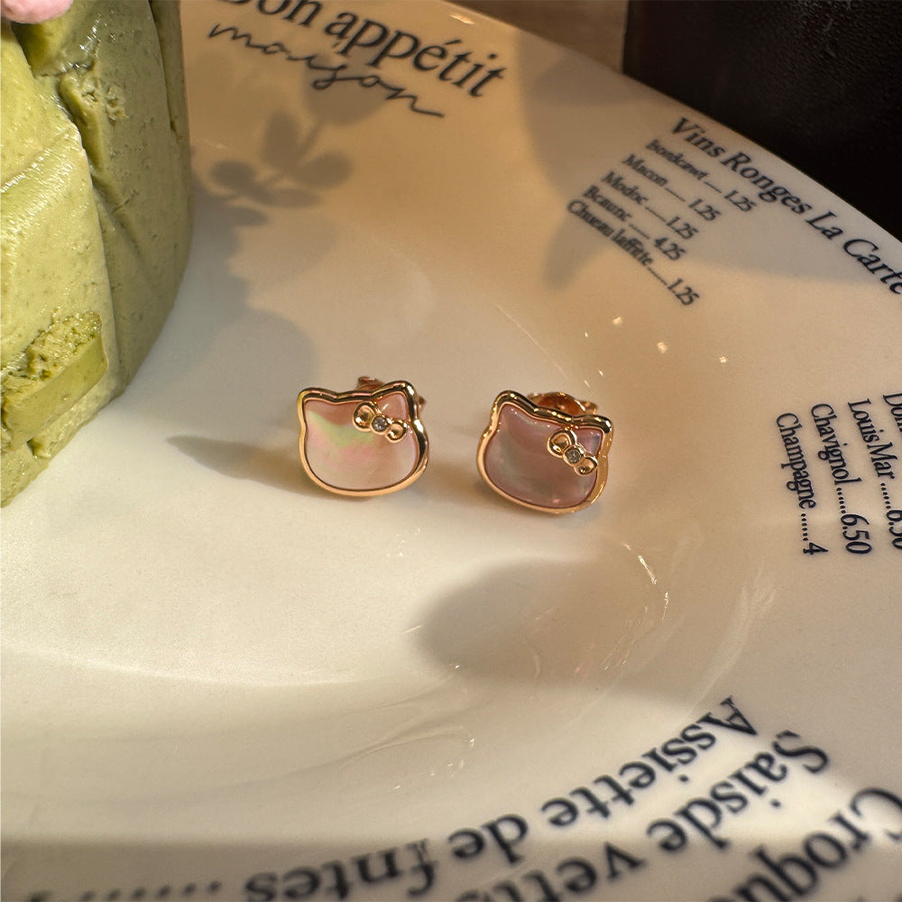Live broadcast hit pink shell kitten stud earrings 925 silver natural mother-of-the-mother KT cat earrings sweet girlishness