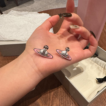 Queen West pink and white enamel Saturn stud earrings Seiko two-tone lacquer diamond orb earrings versatile everyday model