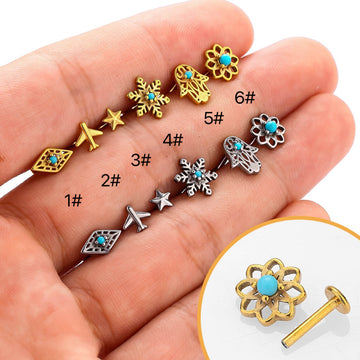 Stainless steel flat bottom rod retro turquoise hollow flower lip stud earbone stud European and American foreign trade piercing earrings lip decoration