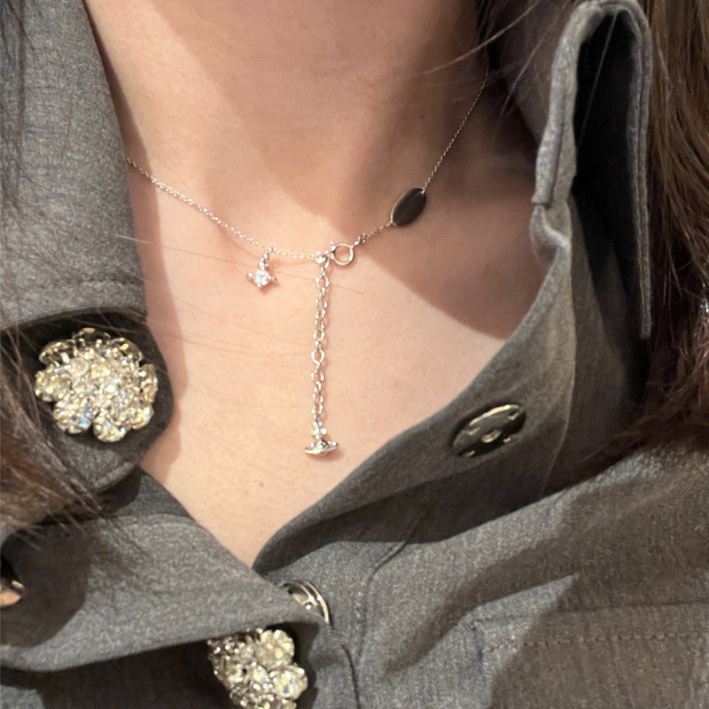 The Queen Mother of the West mini three-dimensional single diamond necklace 925 silver thick gold stacked simple and versatile clavicle chain