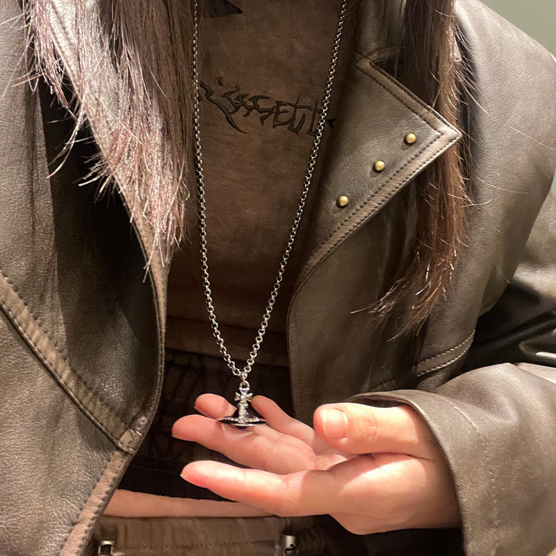 West Queen Mother Medium Gun Black Grape Purple Ball Flyer orb necklace three-dimensional Saturn planet sweater chain long chain