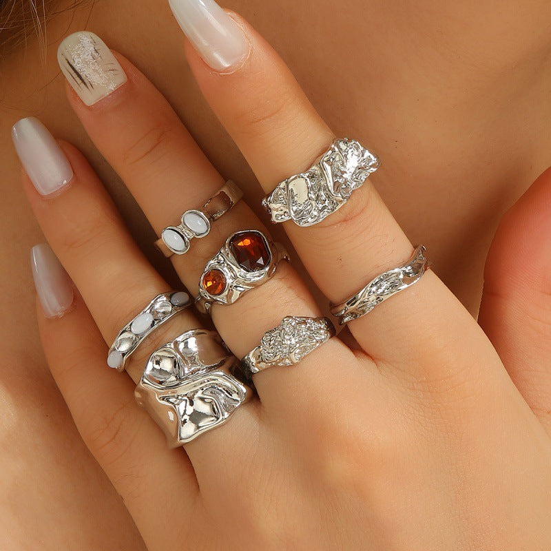 Europe and the United States hot-selling jewelry geometric fashion retro alloy ring irregular diamond ring set women's accessories