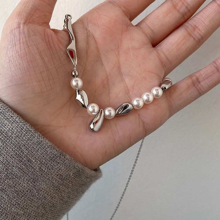 DOUDOUSTORE Design Sense Liquid Metal Water Drop Pearl Necklace Women's Autumn and Winter New Clavicle Chain Sweater Chain