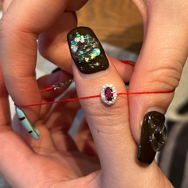 Nurtured diamond red rope bracelet 925 silver natal year New Year's ruby burst flash oval diamond bracelet live broadcast hit