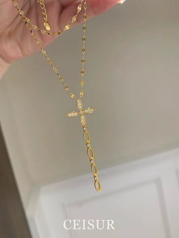 Stack a two-piece set ~ super flash tassel cross dot diamond necklace fashionable long collarbone chain stacked compass necklace