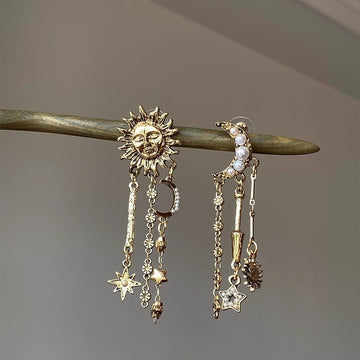 Retro gold sun moon fringed stud earrings female personality exaggerated style creative earrings fashion long temperament earrings