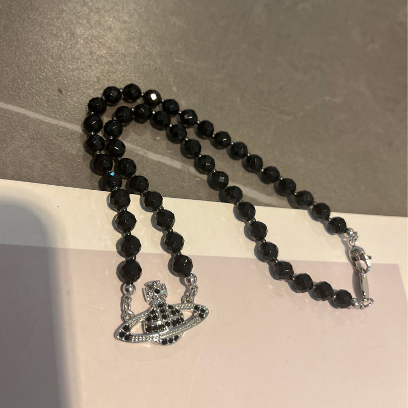 Queen Mother of the West Black Onyx Shining Diamond Saturn Necklace Black Choke Niche European and American Clavicle Chain