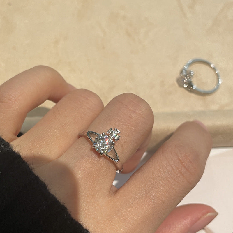 Queen Mother of the West Classic Saturn Diamond Ring Single Diamond Round Diamond Planet Ring 925 Silver