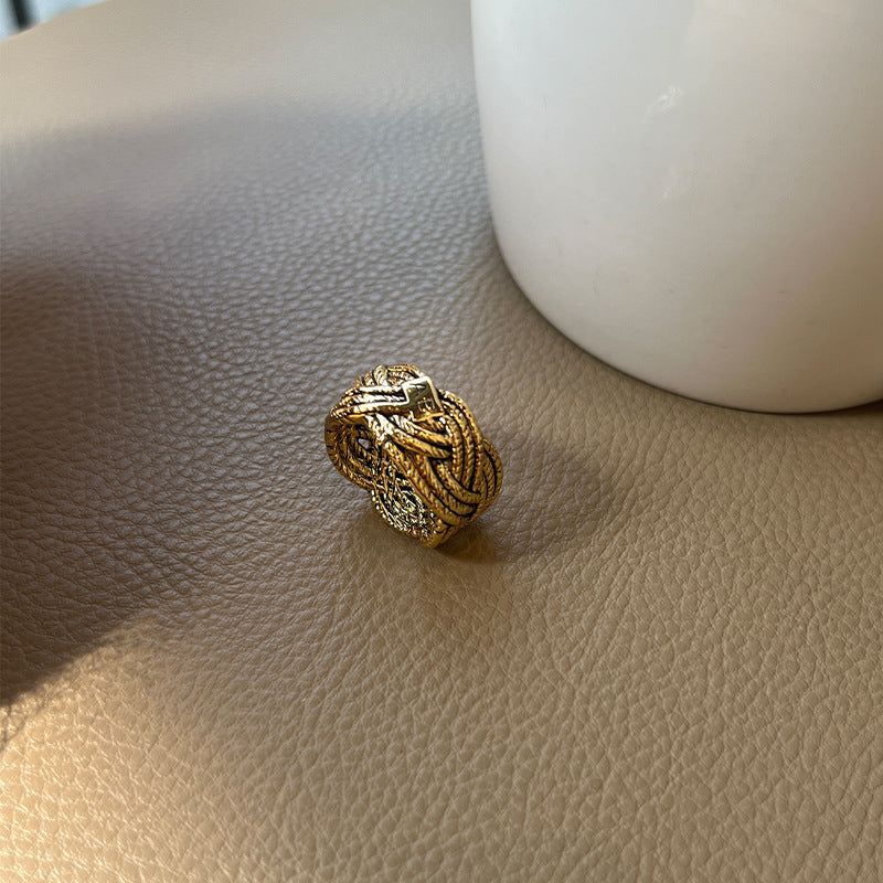 French niche design AB ring, retro wheat ear weaving ring, vintage style, European and American personality accessories ring