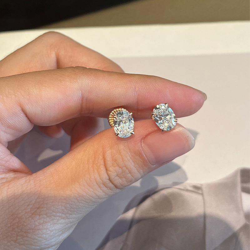 The live broadcast hit 925 silver oval diamond stud earrings, one carat small pigeon egg, single diamond earrings, minimalist style