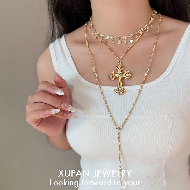 Light luxury high-end retro neck chain Baroque double-layer stacked cross necklace niche design collarbone chain