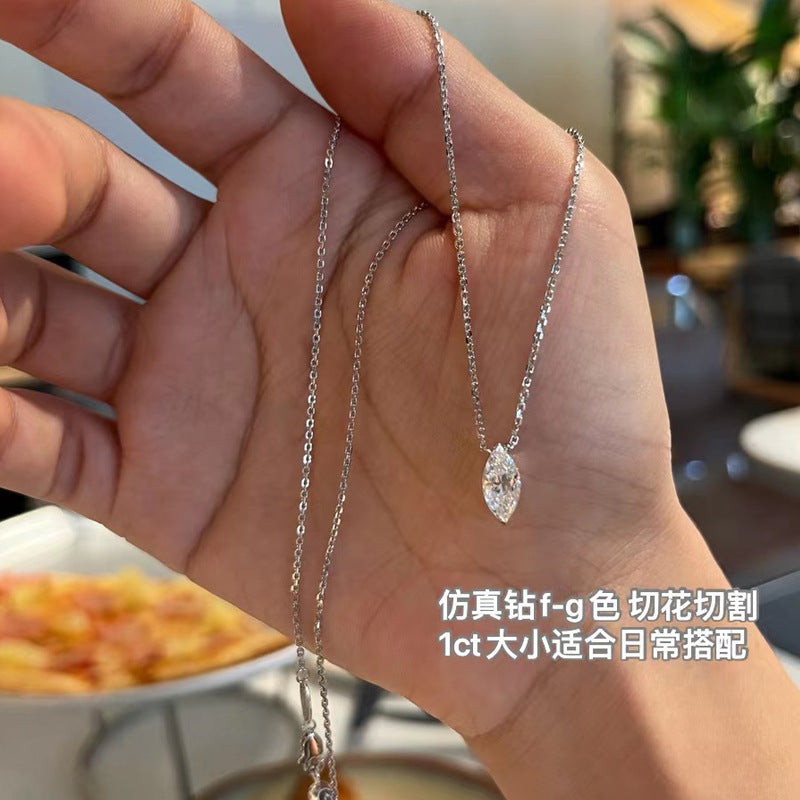 Live sale s925 silver choker freely adjustable length marquise diamond single diamond necklace minimalist one carat necklace