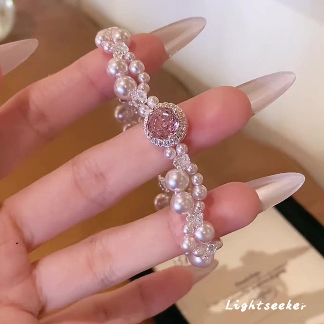 French temperament flash pink rose flash diamond pearl bracelet female sweet fashion exquisite high value jewelry