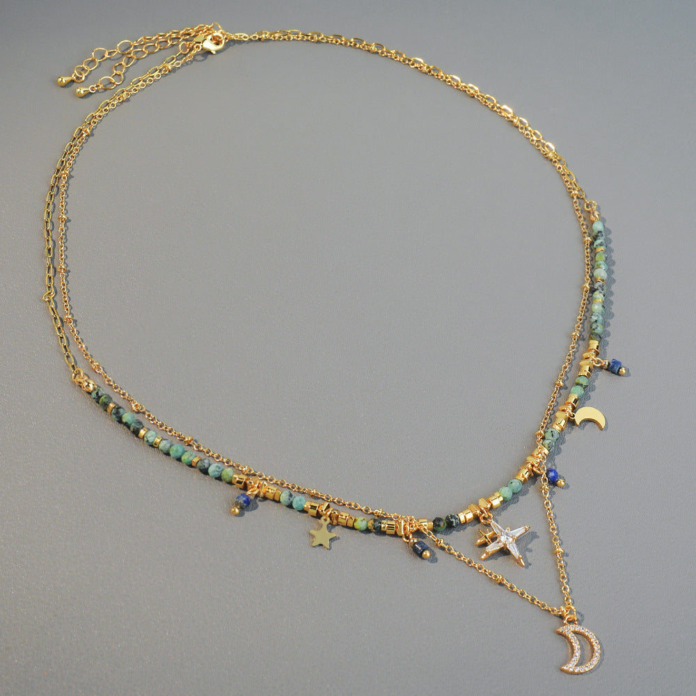 Bohemian Versatile Niche African Turquoise Handmade Beaded Necklace Moon Pendant Premium Sense Stacked Collarbone Chain