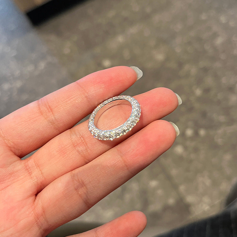 Seiko S925 sterling silver three-sided diamond high-end sense 18k gold full circle diamond women's ring is niche light luxury