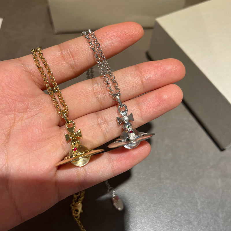The Queen Mother of the West medium three-dimensional planet necklace orb transparent glass bead pendant color diamond Saturn clavicle chain women