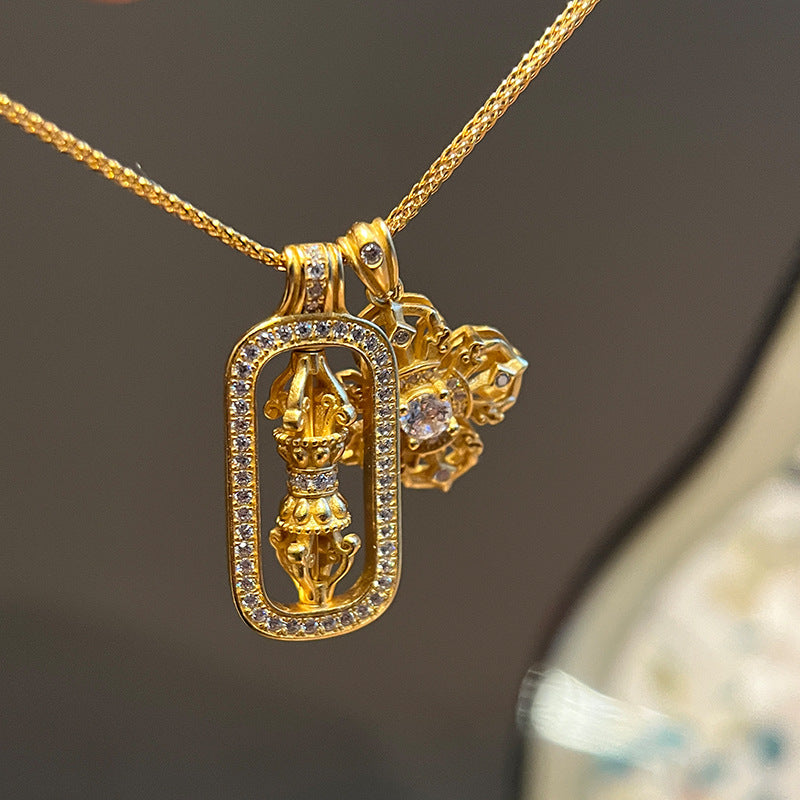 Gold flat ancient method heavy industry vajra necklace silver gold-plated cross point diamond rotatable pendant live broadcast hit