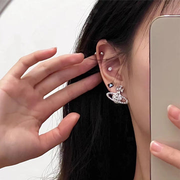 Queen Mother West rivet Saturn stud earrings with diamond punk girl versatile earrings