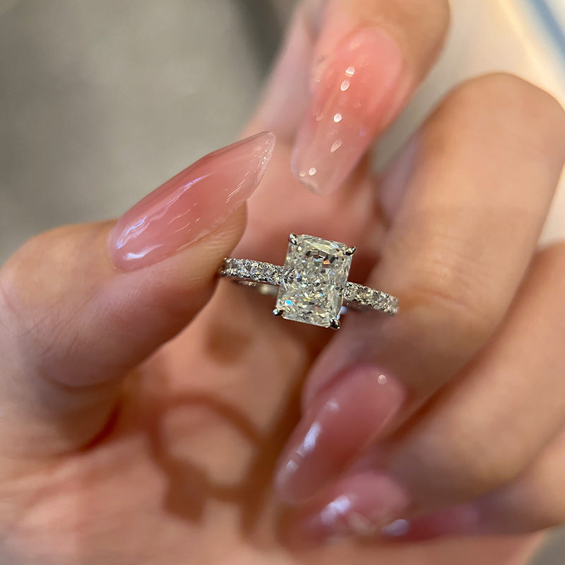 Jewelry, flat micro-set princess square diamond ring, silver cushion-shaped diamond, ultra-flash sugar cube imitation diamond ring, live broadcast
