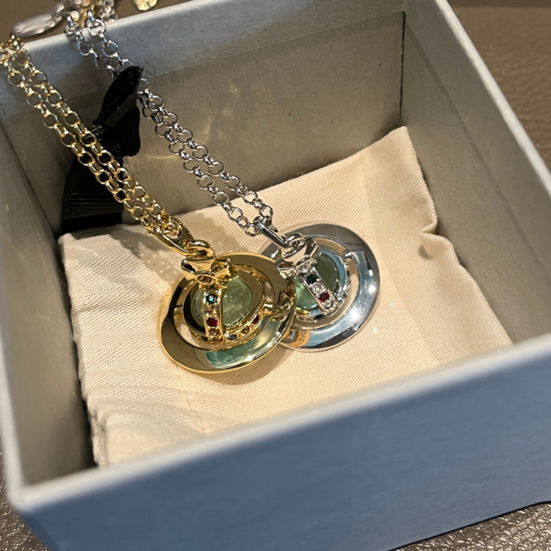 Queen West Medium Mint Green Orb Necklace Three-dimensional Saturn Chain Diamond Planet Flyer Fashion Jewelry