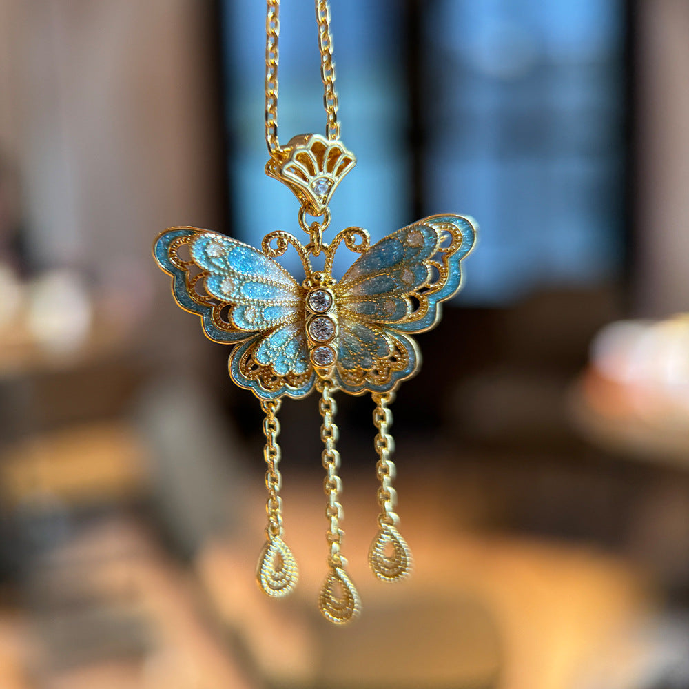 Live broadcast explosive new Chinese ancient method burning blue butterfly tassel necklace three-dimensional dream butterfly pendant gold replacement
