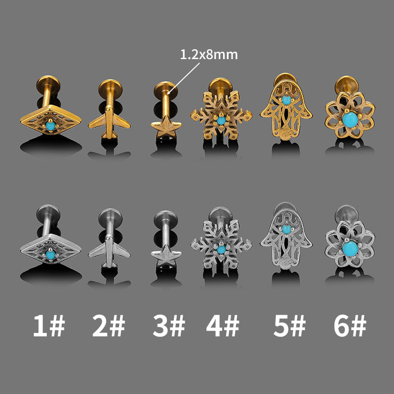 Stainless steel flat bottom rod retro turquoise hollow flower lip stud earbone stud European and American foreign trade piercing earrings lip decoration